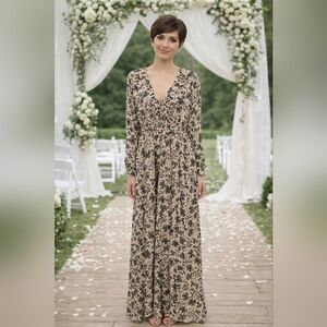 Eywol Chic Black/ Cream Metallic Gold V Neck Maxi Dress Size L